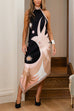 Meridress Halter Neck Open Back Asymmetric Hem Printed Satin Midi Dress