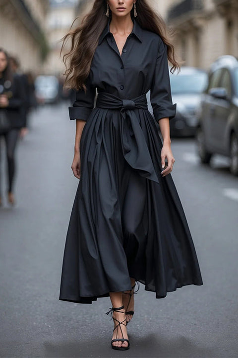 Meridress Long Sleeves Button Up Bow Waist Maxi Dress