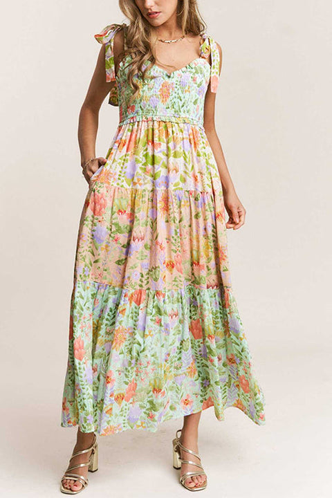 Meridress V Neck Bow Shoulder Tiered Floral Print Maxi Dress