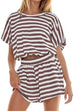Meridress Striped Short Sleeves Crop Top and Elastic Waist Pocketed Shorts Set