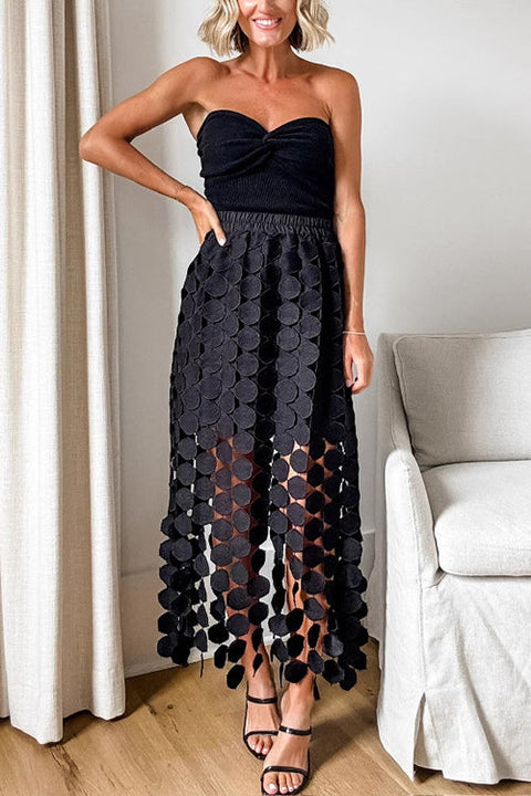 Meridress Elastic High Waist Hollow Out Boho Fringe Maxi Skirt