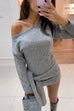 Asymmetrical Shoulder Long Sleeves Tie Waist Knit Mini Dress