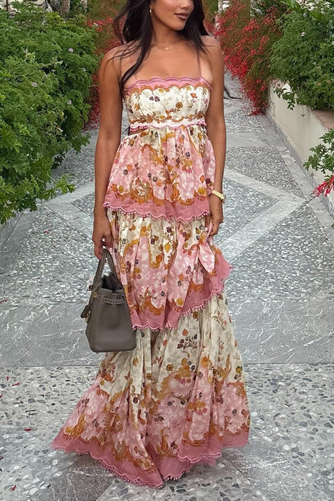 Meridress Spaghetti Strap Back Lace-up Ruffle Layered Floral Print Maxi Dress