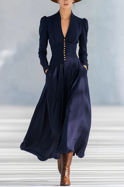 V Neck Long Sleeves Buttons Ruched Waist Maxi Dress