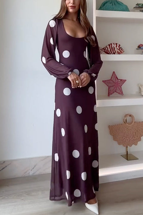 U Neck Long Sleeves Polka Dot Maxi Dress