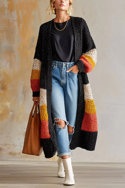 Open Front Color Block Striped Cozy Sweater Cardigan