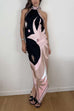 Meridress Halter Neck Open Back Asymmetric Hem Printed Satin Midi Dress