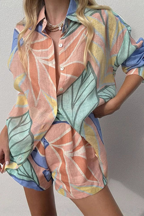 Meridress Unique Print Long Sleeves Button Up Shirt and Pocketed Shorts Linen Set