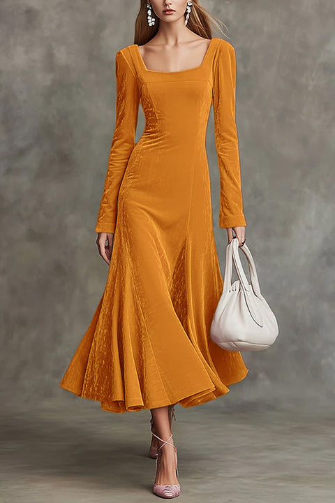 Square Neck Long Sleeves Velvet Midi Dress