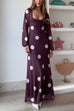 U Neck Long Sleeves Polka Dot Maxi Dress