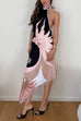 Meridress Halter Neck Open Back Asymmetric Hem Printed Satin Midi Dress