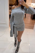 Asymmetrical Shoulder Long Sleeves Tie Waist Knit Mini Dress