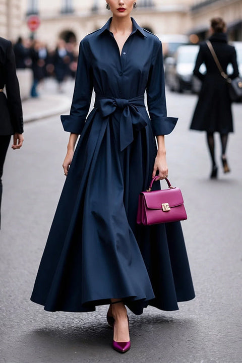 Meridress Lapel Long Sleeves Button Up Tie Waist Maxi Dress