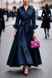 Meridress Lapel Long Sleeves Button Up Tie Waist Maxi Dress