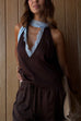 Sleeveless V Neck Lace Trim Satin Scarf Top