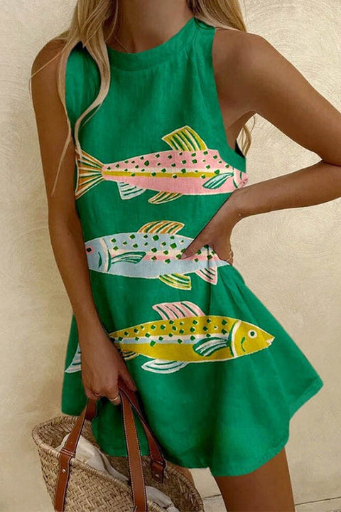 Meridress Crewneck Sleeveless Fish Print Mini Beach Dress