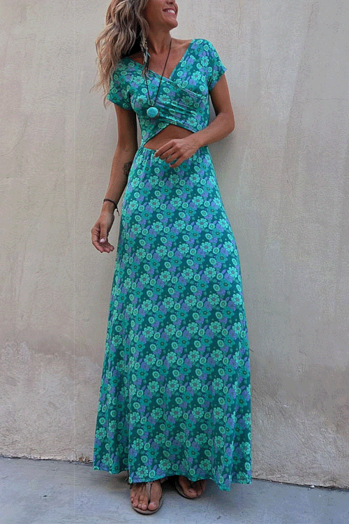 Meridress One Dress Two Ways Short Sleeve Floral Printed Maxi Dress