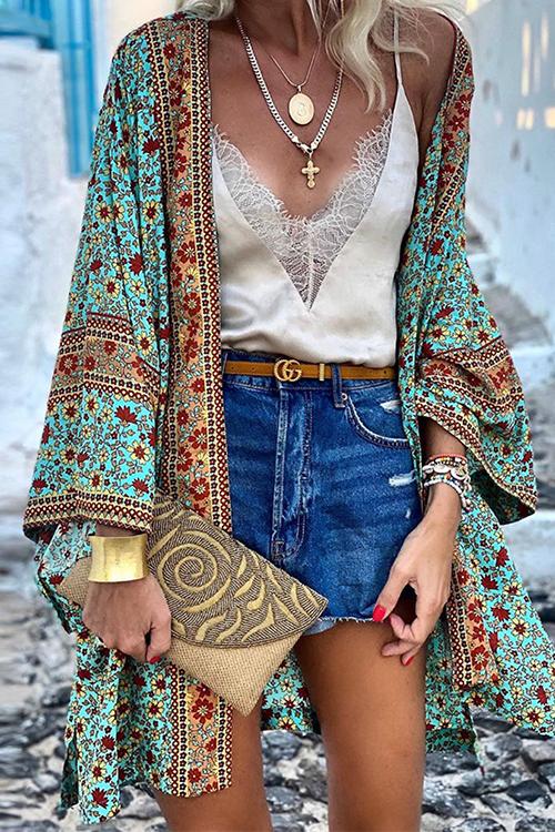 Meridress Side Split Open Front Printed Kimono Cardigan