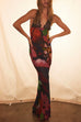 Meridress Backless V Neck Lace Splice Printed Maxi Bodycon Dress