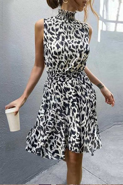 Meridress Leopard Sleeveless Elastic Waist Dress