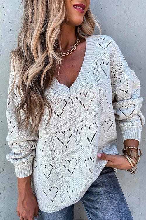 Meridress V Neck Heart Hollow Out Knit Sweater