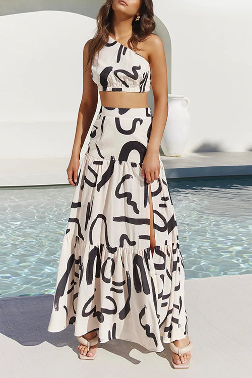 Meridress One Shoulder Crop Top High Slit Ruflle Tiered Skirt Printed Set