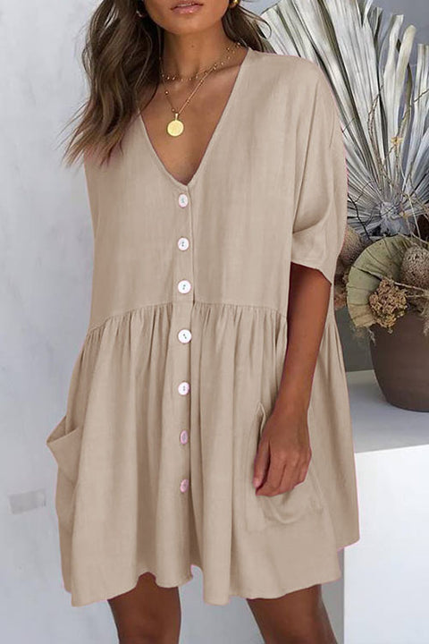 Meridress V Neck Button Down Swing Dress with Pockets