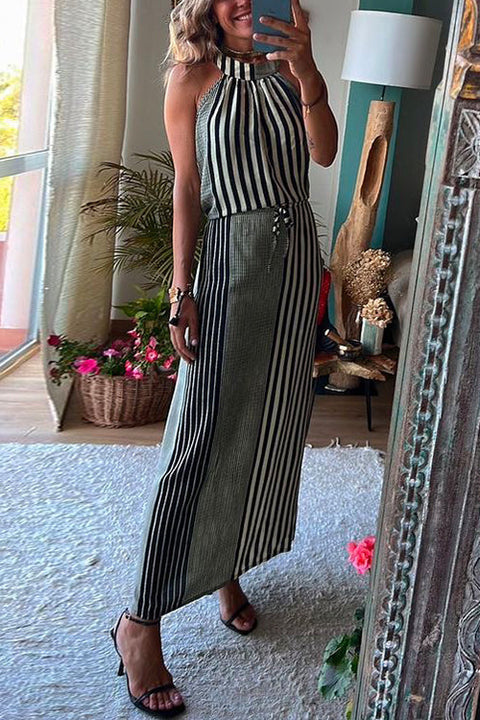 Meridress Halter Sleeveless Waisted Striped Maxi Dress