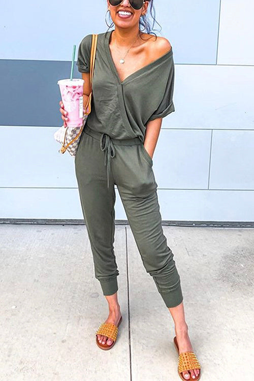 Meridress V Neck Short Sleeve Drawstring Jumpsuit with Pockets