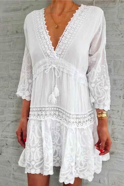 Meridress V Neck Lace Crochet Hollow Out Swing Dress