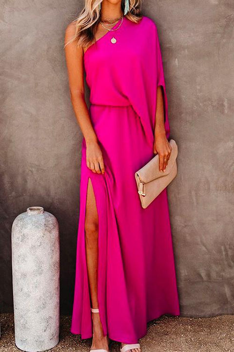 Meridress One Shoulder Batwing Sleeve Waisted Side Split Maxi Dress