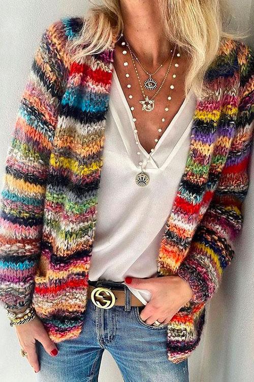 Meridress Rainbow Stripes Open Front Short Sweater Cardigan