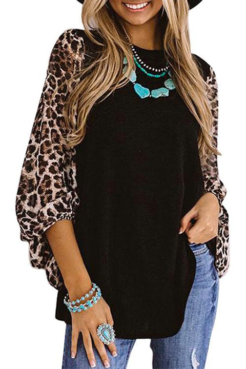 Meridress Leopard Splice Long Lantern Sleeve T Shirt