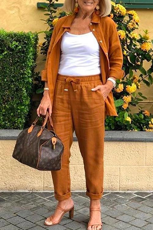 Meridress Button Down Long Sleeve Shirt Drawstring Waist Pants Set