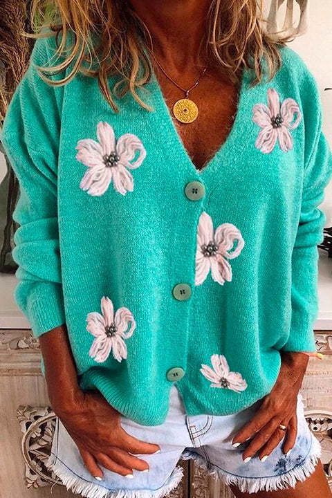 Meridress V Neck Button Down Floral Embroidered Cardigan
