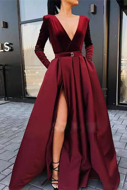 Meridress Deep V Neck High Split Velvet Swing Party Dress