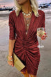 Meridress Deep V Neck Long Sleeve Ruched Glitter Dress