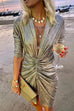 Meridress Deep V Neck Long Sleeve Ruched Glitter Dress