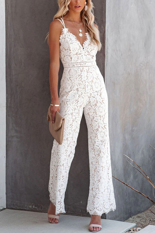 Meridress Solid V Neck Waisted Cami Lace Jumpsuit
