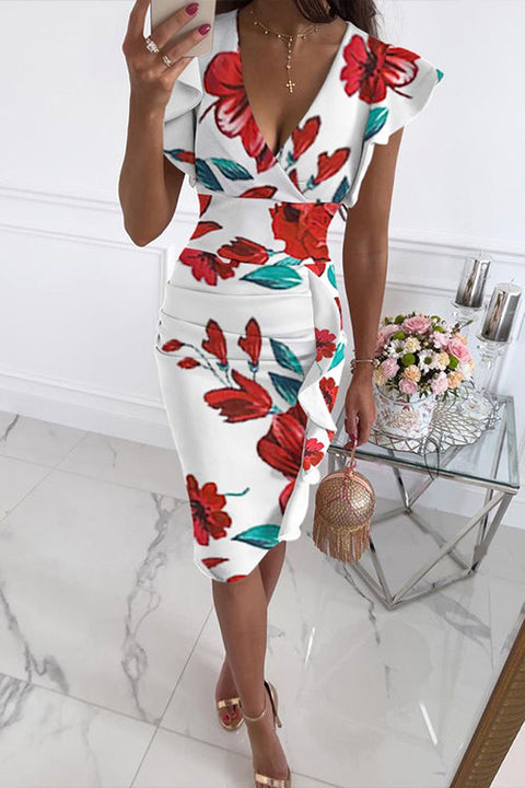 Meridress Ruffle V Neck Sleeveless High Waist Printed Dress