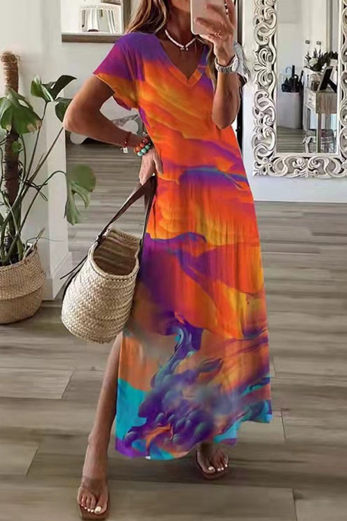Meridress V Neck Short Sleeve High Split Printed Dress