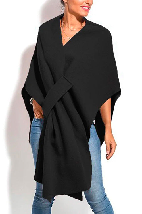 Meridress Solid V Neck Wrapped Batwing Cloak Sweater