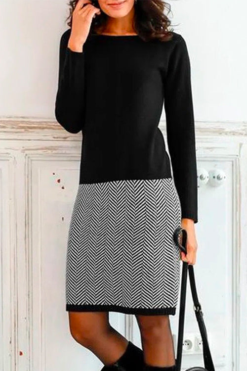 Meridress Crewneck Long Sleeve Houndstooth Splice Dress