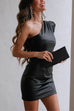 Meridress One Shoulder Sleeveless Faux Leather Dress