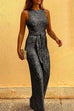 Meridress Crewneck Sleeveless Tie Waist Sequin Jumpsuit