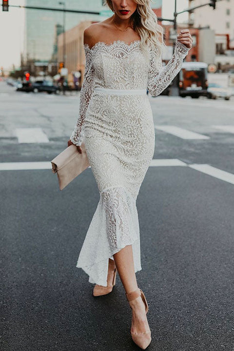 Meridress Off Shoulder Long Sleeve Floral Lace Bodycon Dress