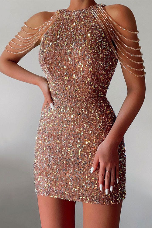 Meridress Halter Sleeveless Waisted Sequin Bodycon Dress