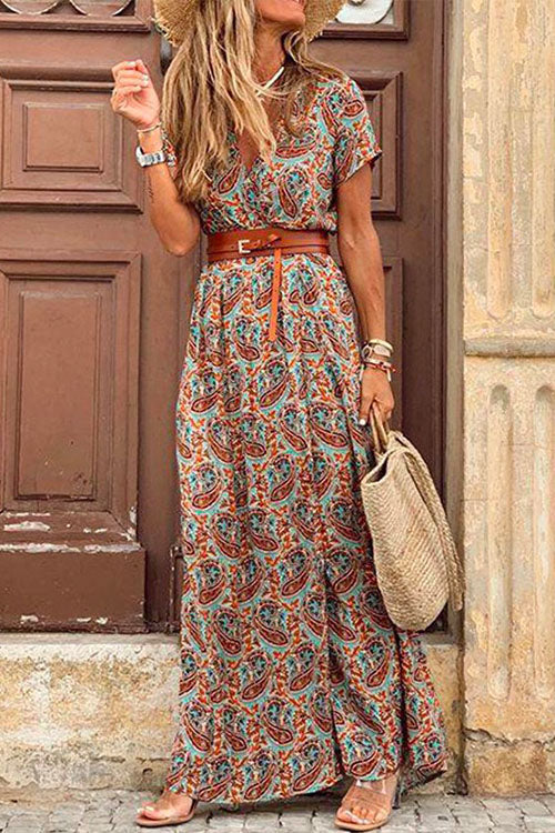 Meridress Bohemia Wrap V Neck High Split Printed Dress