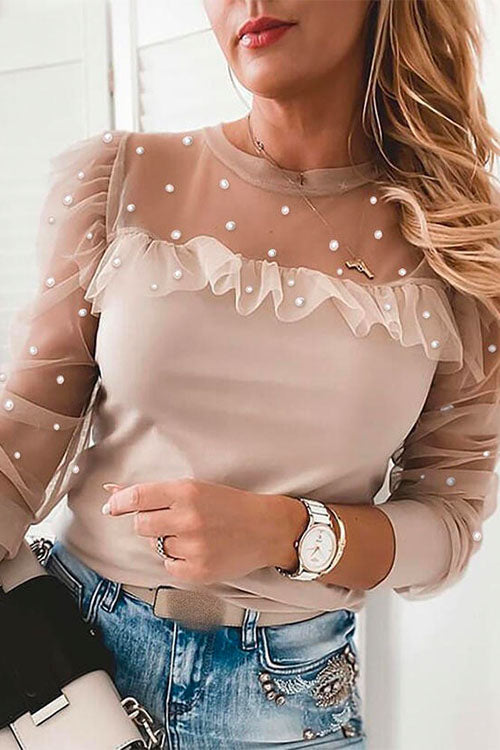 Meridress Crewneck Puff Sleeve Lace Splice Chiffon Top