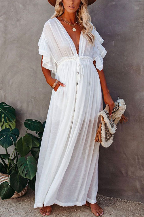 Meridress V Neck Short Sleeve Tie Waist Swing Beach Dress